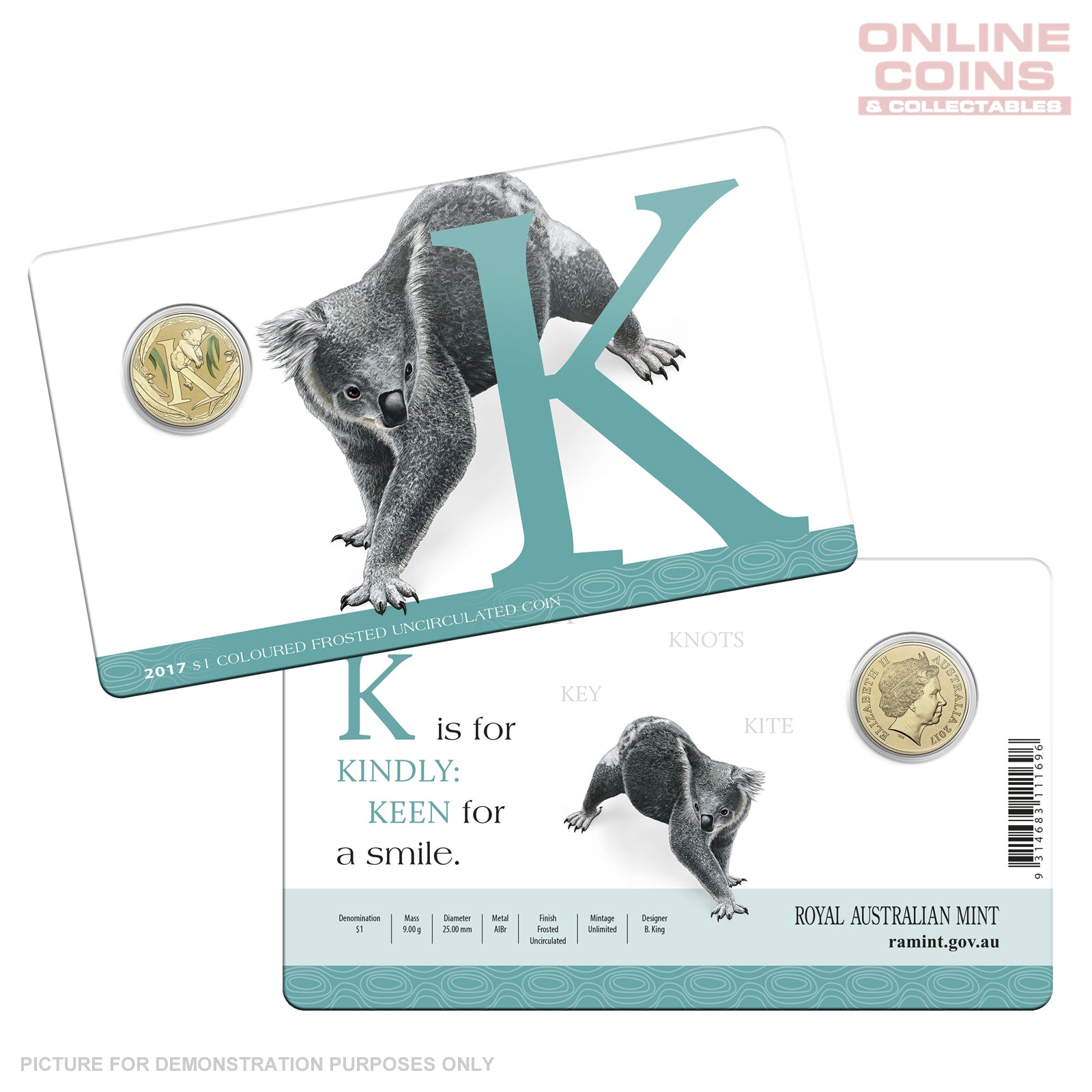 2017 $1 Coloured Alphabet Frosted Coin In Card - K For Koala
